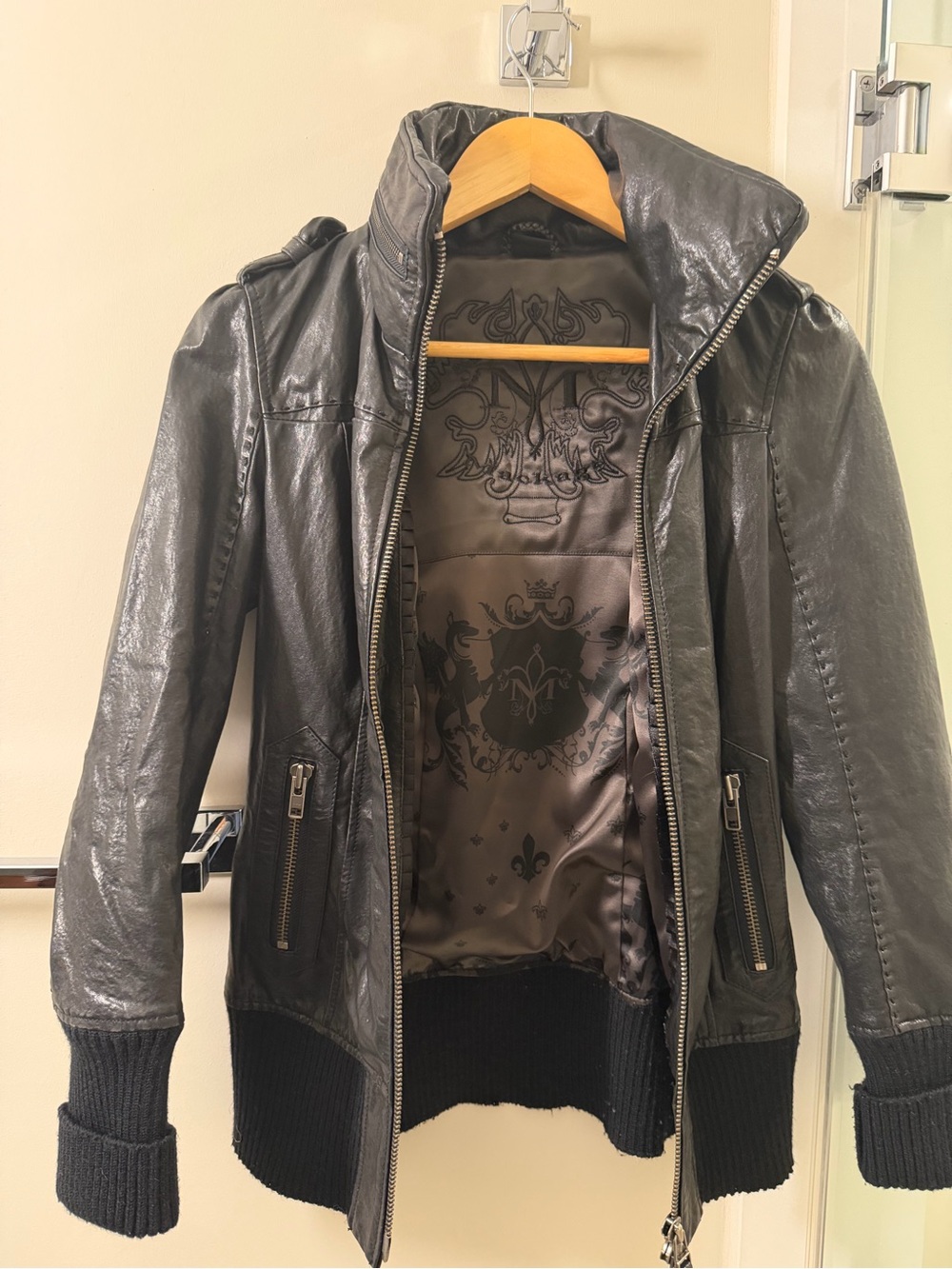 Mackage Black Women's Leather Bomber Jacket with Satin Print Lining